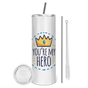 Dad, you are my hero!, Tumbler ποτήρι θερμό από ανοξείδωτο ατσάλι 600ml, με μεταλλικό καλαμάκι & βούρτσα καθαρισμού
