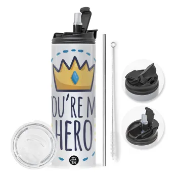 Dad, you are my hero!, Travel Tumbler θερμό με διπλό καπάκι, μεταλλικό καλαμάκι και βούρτσα καθαρισμού (Ανωξείδωτο 304 Food grade, BPA free, 600ml)