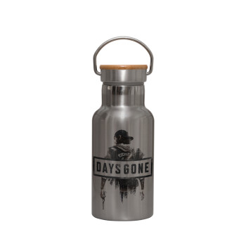 Day's Gone, Stainless steel metallic thermos flask, silver with a bamboo lid, double-walled, 350ml.