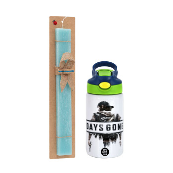 Day's Gone, Easter Set, Children's thermal stainless steel bottle with safety straw, green/blue (350ml) & aromatic flat Easter candle (30cm) (TURQUOISE)