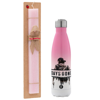 Day's Gone, Easter Set, Metallic pink/white (Stainless steel) thermos, double-walled, 500ml & aromatic flat Easter candle (30cm) (PINK)