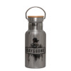 Stainless steel metallic thermos flask, silver with a bamboo lid, double-walled, 350ml.