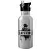 Water bottle Silver with straw, stainless steel 600ml