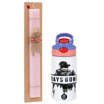 Day's Gone, Easter Set, Children's thermal stainless steel water bottle with safety straw, pink/purple (350ml) & Easter scented flat candle (30cm) (PINK)