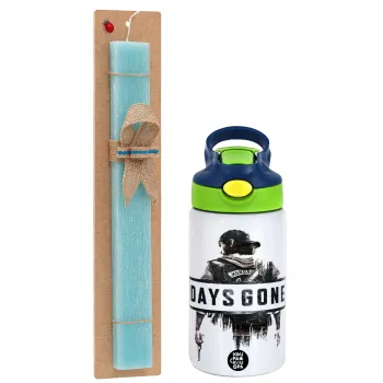 Day's Gone, Easter Set, Children's thermal stainless steel bottle with safety straw, green/blue (350ml) & aromatic flat Easter candle (30cm) (TURQUOISE)