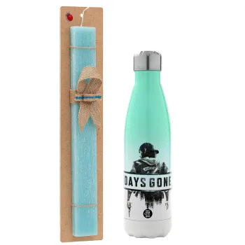 Day's Gone, Easter Set, Metallic green/white thermos (Stainless steel), double-walled, 500ml & scented flat Easter candle (30cm) (TURQUOISE)