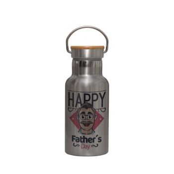 Για την γιορτή του μπαμπά!, Stainless steel metallic thermos flask, silver with a bamboo lid, double-walled, 350ml.