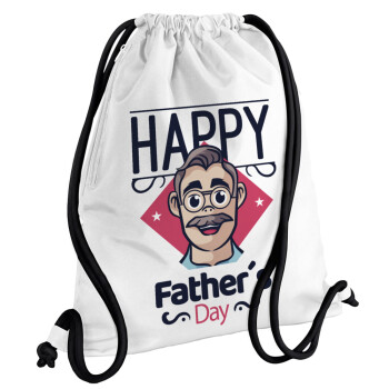 Για την γιορτή του μπαμπά!, Τσάντα πλάτης πουγκί GYMBAG λευκή, με τσέπη (40x48cm) & χονδρά κορδόνια