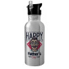 Water bottle Silver with straw, stainless steel 600ml