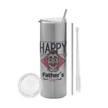 Για την γιορτή του μπαμπά!, Tumbler ποτήρι θερμό Ασημένιο από ανοξείδωτο ατσάλι 600ml, με μεταλλικό καλαμάκι & βούρτσα καθαρισμού