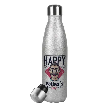 Για την γιορτή του μπαμπά!, Metallic Glitter Silver Thermos Flask (Stainless steel), double-walled, 500ml