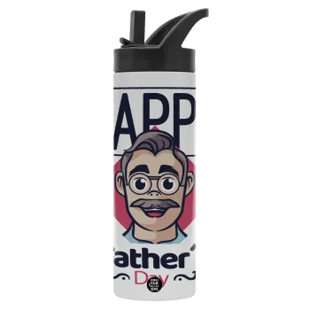 Για την γιορτή του μπαμπά!, Μεταλλικό παγούρι θερμός με καλαμάκι & χειρολαβή, ανοξείδωτο ατσάλι (Stainless steel 304), διπλού τοιχώματος, 600ml