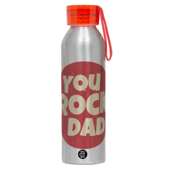 YOU ROCK DAD, Αλουμινένιο Αθλητικό Μπουκάλι 650ml – Ασημί με Κόκκινο Καπάκι και Λουράκι Σιλικόνης