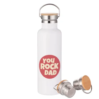 YOU ROCK DAD, Μεταλλικό παγούρι θερμός (Stainless steel) Λευκό με ξύλινο καπάκι (bamboo), διπλού τοιχώματος, 750ml