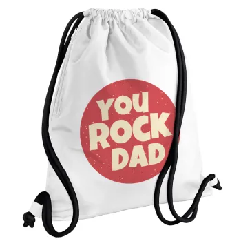 YOU ROCK DAD, Τσάντα πλάτης πουγκί GYMBAG λευκή, με τσέπη (40x48cm) & χονδρά κορδόνια