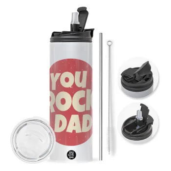 YOU ROCK DAD, Travel Tumbler θερμό με διπλό καπάκι, μεταλλικό καλαμάκι και βούρτσα καθαρισμού (Ανωξείδωτο 304 Food grade, BPA free, 600ml)