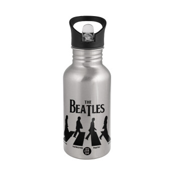 The Beatles, Abbey Road, Παγούρι νερού Ασημένιο με καλαμάκι, ανοξείδωτο ατσάλι 500ml
