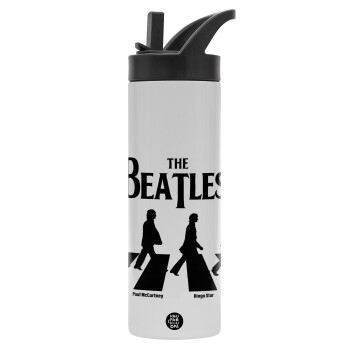 The Beatles, Abbey Road, Μεταλλικό παγούρι θερμός με καλαμάκι & χειρολαβή, ανοξείδωτο ατσάλι (Stainless steel 304), διπλού τοιχώματος, 600ml