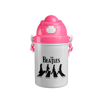 The Beatles, Abbey Road, Ροζ παιδικό παγούρι πλαστικό (BPA-FREE) με καπάκι ασφαλείας, κορδόνι και καλαμάκι, 400ml
