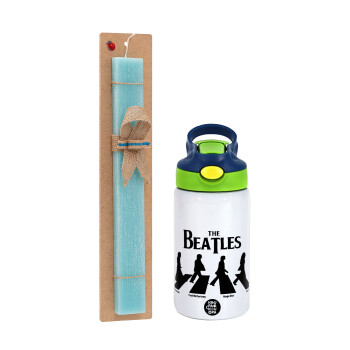 The Beatles, Abbey Road, Πασχαλινό Σετ, Παιδικό παγούρι θερμό, ανοξείδωτο, με καλαμάκι ασφαλείας, πράσινο/μπλε (350ml) & πασχαλινή λαμπάδα αρωματική πλακέ (30cm) (ΤΙΡΚΟΥΑΖ)