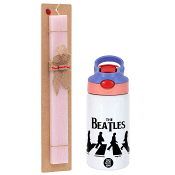 The Beatles, Abbey Road, Πασχαλινό Σετ, Παιδικό παγούρι θερμό, ανοξείδωτο, με καλαμάκι ασφαλείας, ροζ/μωβ (350ml) & πασχαλινή λαμπάδα αρωματική πλακέ (30cm) (ΡΟΖ)