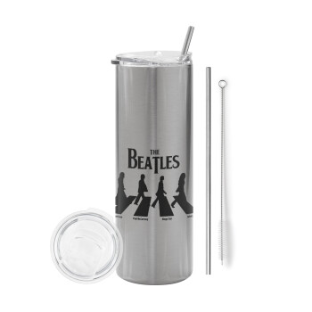 The Beatles, Abbey Road, Eco friendly ποτήρι θερμό Ασημένιο (tumbler) από ανοξείδωτο ατσάλι 600ml, με μεταλλικό καλαμάκι & βούρτσα καθαρισμού