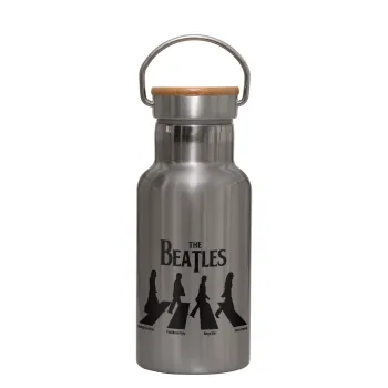The Beatles, Abbey Road, Μεταλλικό παγούρι θερμός (Stainless steel) Ασημένιο με ξύλινο καπακι (bamboo), διπλού τοιχώματος, 350ml