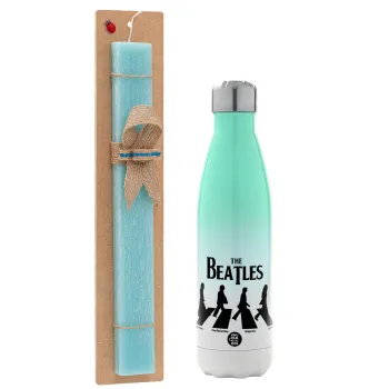 The Beatles, Abbey Road, Easter Set, Metallic green/white thermos (Stainless steel), double-walled, 500ml & scented flat Easter candle (30cm) (TURQUOISE)