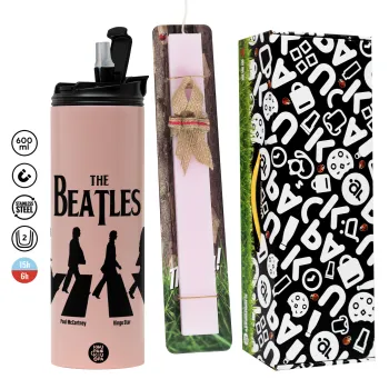 The Beatles, Abbey Road, Easter candle,Travel Tumbler 2 Lids, with metal straw & cleaning brush & aromatic flat candle (30cm) (PINK)