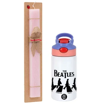 The Beatles, Abbey Road, Easter Set, Children's thermal stainless steel water bottle with safety straw, pink/purple (350ml) & Easter scented flat candle (30cm) (PINK)