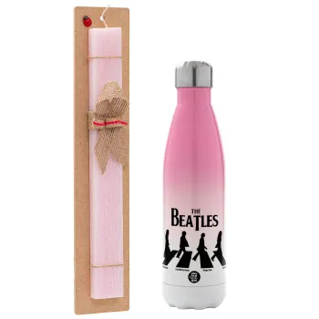 The Beatles, Abbey Road, Easter Set, Metallic pink/white (Stainless steel) thermos, double-walled, 500ml & aromatic flat Easter candle (30cm) (PINK)