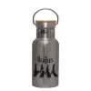 Stainless steel metallic thermos flask, silver with a bamboo lid, double-walled, 350ml.