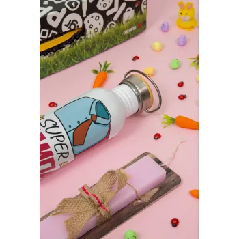 SUPER ΜΠΑΜΠΑΣ, Πασχαλινή Λαμπάδα με παγούρι μεταλλικό (620ml, stainless steel) & κερί αρωματικό πλακέ (30cm) (ΡΟΖ)