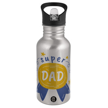 Μπαμπά είσαι για μετάλλιο, Water bottle Silver with straw, stainless steel 500ml