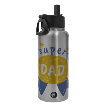 Μπαμπά είσαι για μετάλλιο, Metal mug thermo Silver with Straw and Spout Lid (Stainless steel), double wall, 950ml