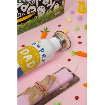 Μπαμπά είσαι για μετάλλιο, Πασχαλινή Λαμπάδα με παγούρι μεταλλικό (620ml, stainless steel) & κερί αρωματικό πλακέ (30cm) (ΡΟΖ)