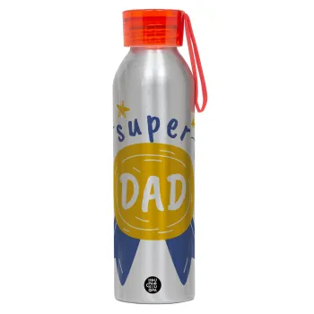 Μπαμπά είσαι για μετάλλιο, Αλουμινένιο Αθλητικό Μπουκάλι 650ml – Ασημί με Κόκκινο Καπάκι και Λουράκι Σιλικόνης