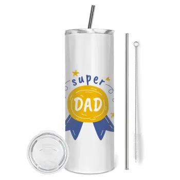 Μπαμπά είσαι για μετάλλιο, Tumbler ποτήρι θερμό από ανοξείδωτο ατσάλι 600ml, με μεταλλικό καλαμάκι & βούρτσα καθαρισμού