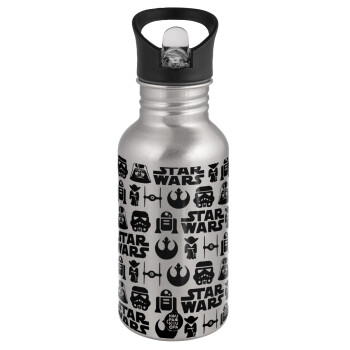 Star Wars Pattern, Water bottle Silver with straw, stainless steel 500ml