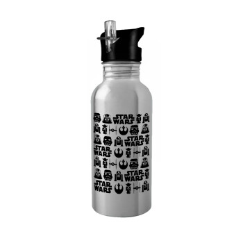 Star Wars Pattern, Water bottle Silver with straw, stainless steel 600ml