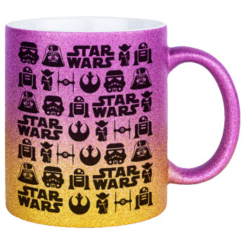 Star Wars Pattern, Κούπα Χρυσή/Ροζ Glitter, κεραμική, 330ml