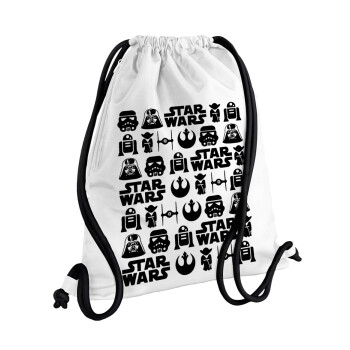 Star Wars Pattern, Backpack pouch GYMBAG white, with pocket (40x48cm) & thick cords