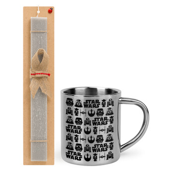 Star Wars Pattern, Easter Set, metallic thermal cup (300ml) & Easter aromatic flat candle (30cm) (GRAY)