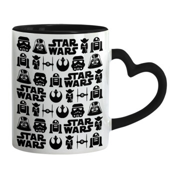 Star Wars Pattern, Κούπα καρδιά χερούλι μαύρη, κεραμική, 330ml