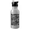 Water bottle Silver with straw, stainless steel 600ml