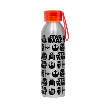 Star Wars Pattern, Αλουμινένιο Αθλητικό Μπουκάλι 650ml – Ασημί με Κόκκινο Καπάκι και Λουράκι Σιλικόνης