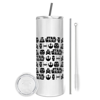 Star Wars Pattern, Tumbler ποτήρι θερμό από ανοξείδωτο ατσάλι 600ml, με μεταλλικό καλαμάκι & βούρτσα καθαρισμού
