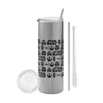 Star Wars Pattern, Eco friendly stainless steel Silver tumbler 600ml, with metal straw & cleaning brush