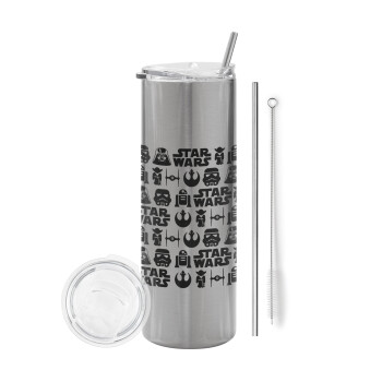 Star Wars Pattern, Tumbler ποτήρι θερμό Ασημένιο από ανοξείδωτο ατσάλι 600ml, με μεταλλικό καλαμάκι & βούρτσα καθαρισμού