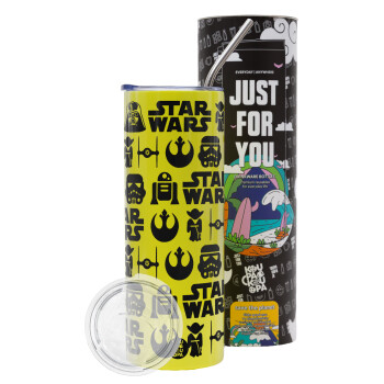 Star Wars Pattern, Neon Yellow Travel Tumbler θερμό, μεταλλικό καλαμάκι(Ανωξείδωτο 304 Food grade, BPA free, 600ml)